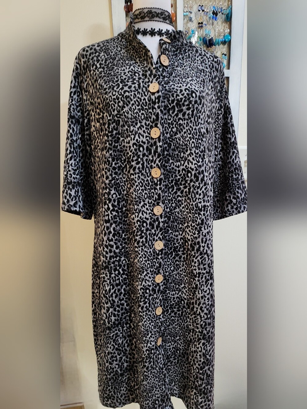 Black and Gray Leopard Print Button-Front Shirt Dress Size M
